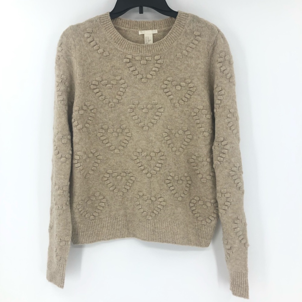 H&M Sweater Womens XS Cableknit Wool Blend Heart Long Sleeve Crew Neck Sweater